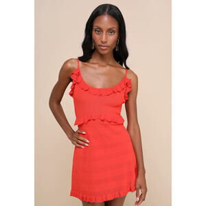 Lulus Enviable Pick Red Orange Pointelle Knit Ruffled Mini Dress - Size L